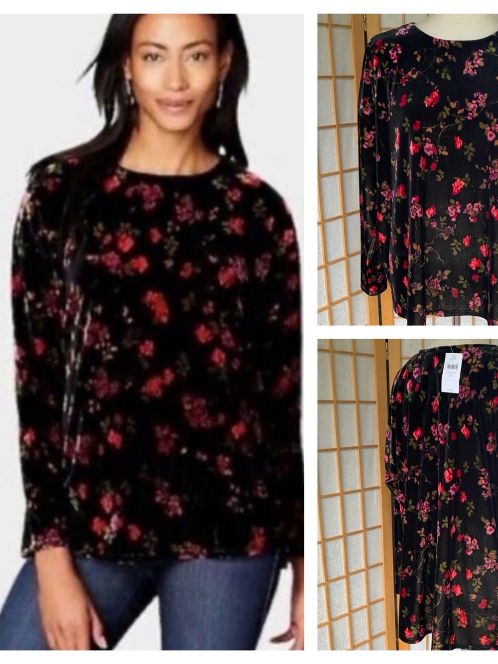 J. Jill Black Velvet Floral Long Sleeve Top SZ XL NWT Fall Holiday